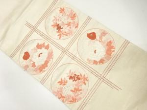 格天井に牡丹・南天模様　刺繍　袋帯